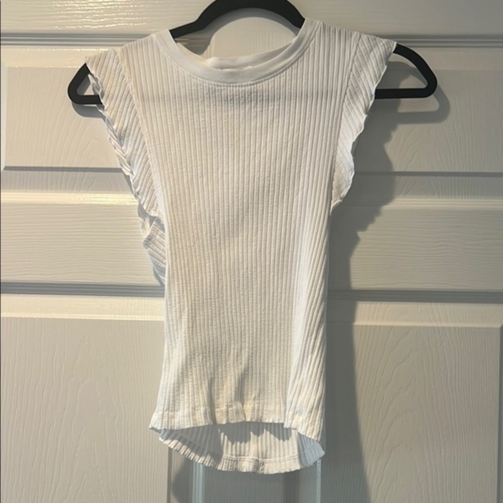 LA Made White Ribbed Ruffled Tank Top